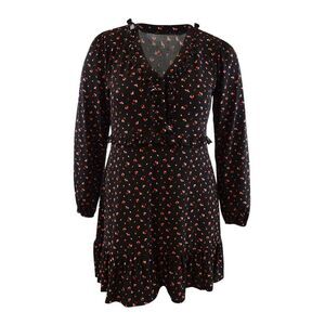 MICHAEL Michael Kors Women's Printed Ruffle-Trim Jersey Dress (L, Black/Sangria)